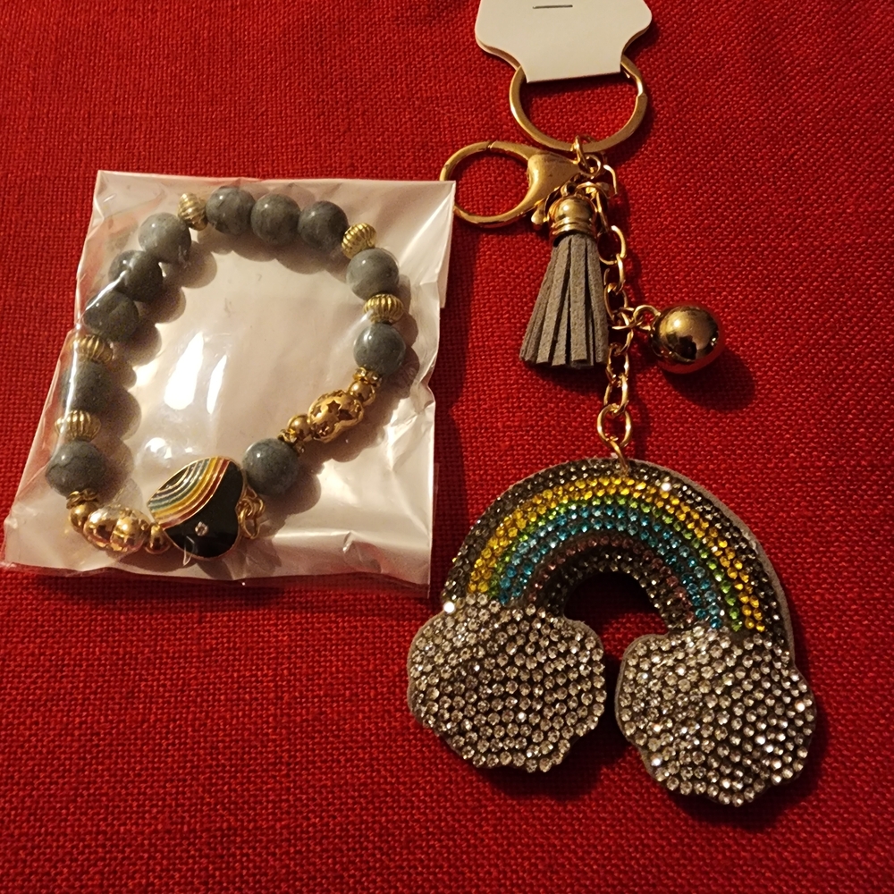 Beaded Gray Bracelet with Rainbow Charm Keychain